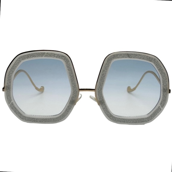 Sunglass Sanctuary Accessories - 6177 | White/Blue Lens Large Ladies Sunglasses with Glitter Accent